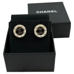 Chanel 24P White Black Enamel CC Round Stud Earrings