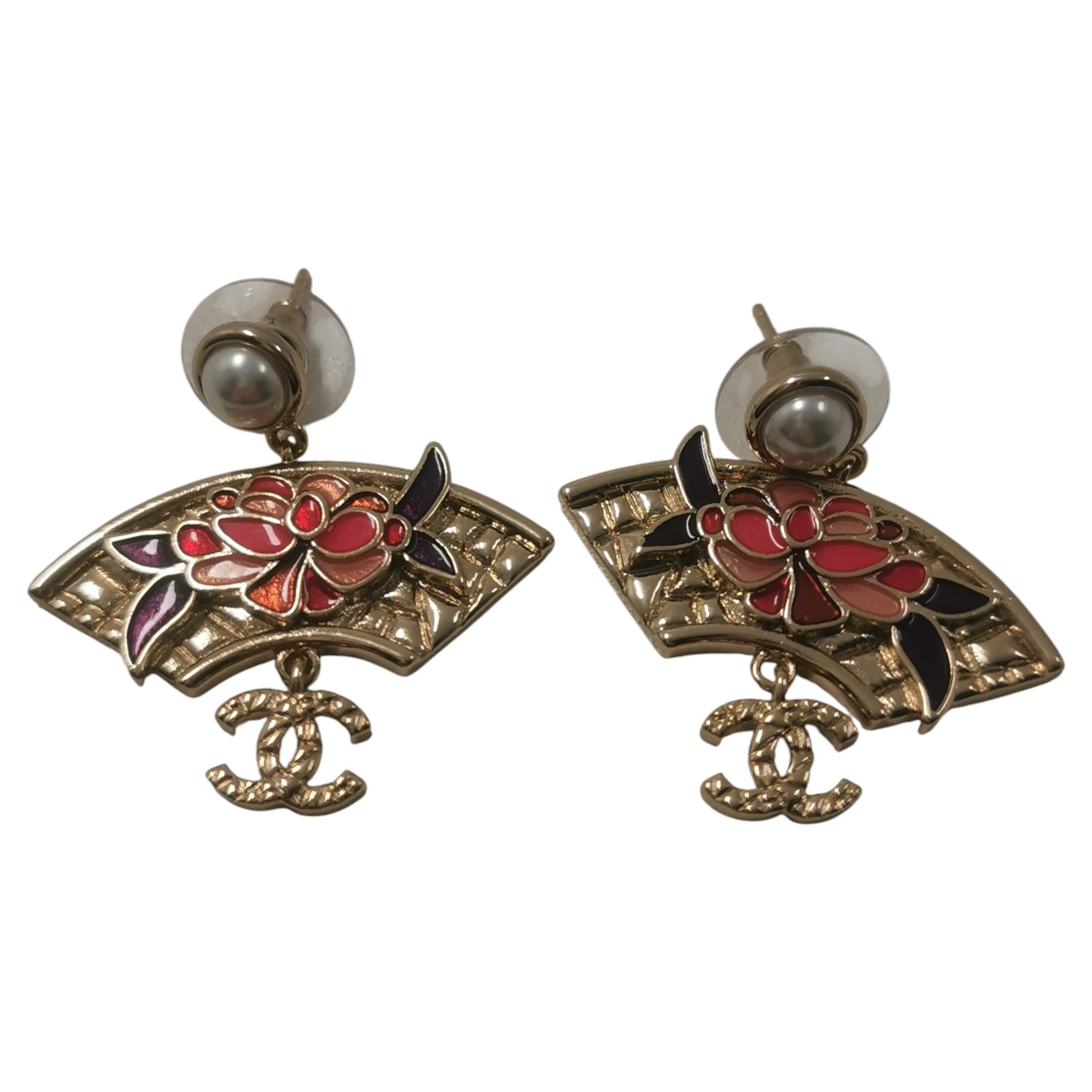Chanel 25 Oriental Fan Drop Earrings with Pearl and CC