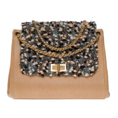 Chanel 2.55 Accordion shoulder flap bag  in beige leather and grey Tweed, GHW