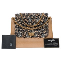 Chanel 2.55 Accordion shoulder flap bag  in beige leather and grey Tweed, GHW