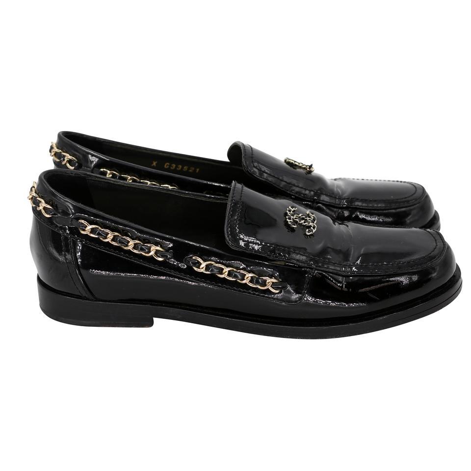 Black Chanel 2.55 Chain Loafers 37 Patent Leather Cc Logo Formal Shoes CC-S0829-0006