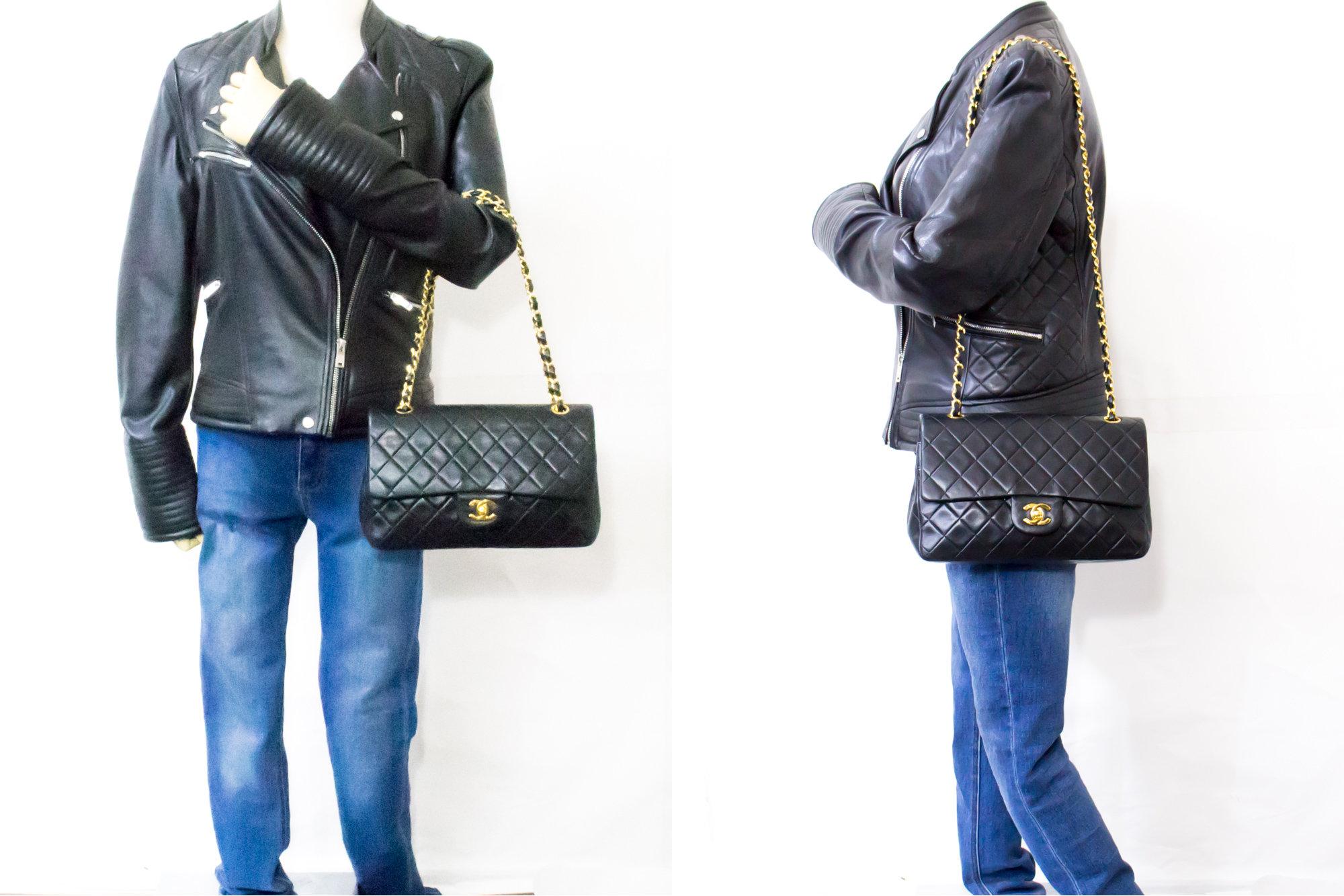 CHANEL 2.55 Double Chain Flap Shoulder Bag Lambskin Black Handbag For Sale 7