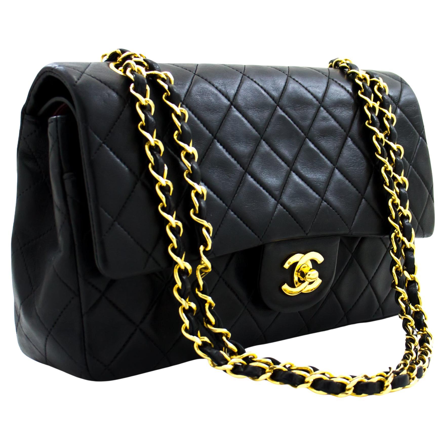 CHANEL 2.55 Double Chain Flap Shoulder Bag Lambskin Black Handbag For Sale