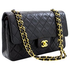 CHANEL 2.55 Double Flap 10" Chain Shoulder Bag Black Classic Lamb