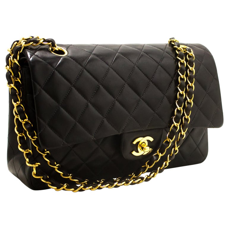 CHANEL 2.55 Double Flap 10&quot; Chain Shoulder Bag Black Quilted Lamb For Sale at 1stdibs
