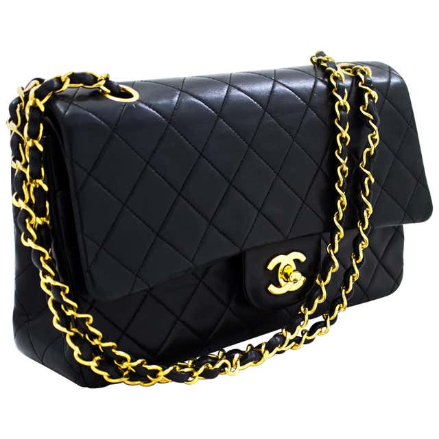 CHANEL 2.55 Double Flap 10" Chain Shoulder Bag Black Quilted Lamb