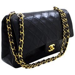 CHANEL 2.55 Double Flap 10" Chain Shoulder Bag Black Quilted Lamb Leather
