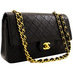 CHANEL 2.55 Double Flap 10" Chain Shoulder Bag Lambskin Black