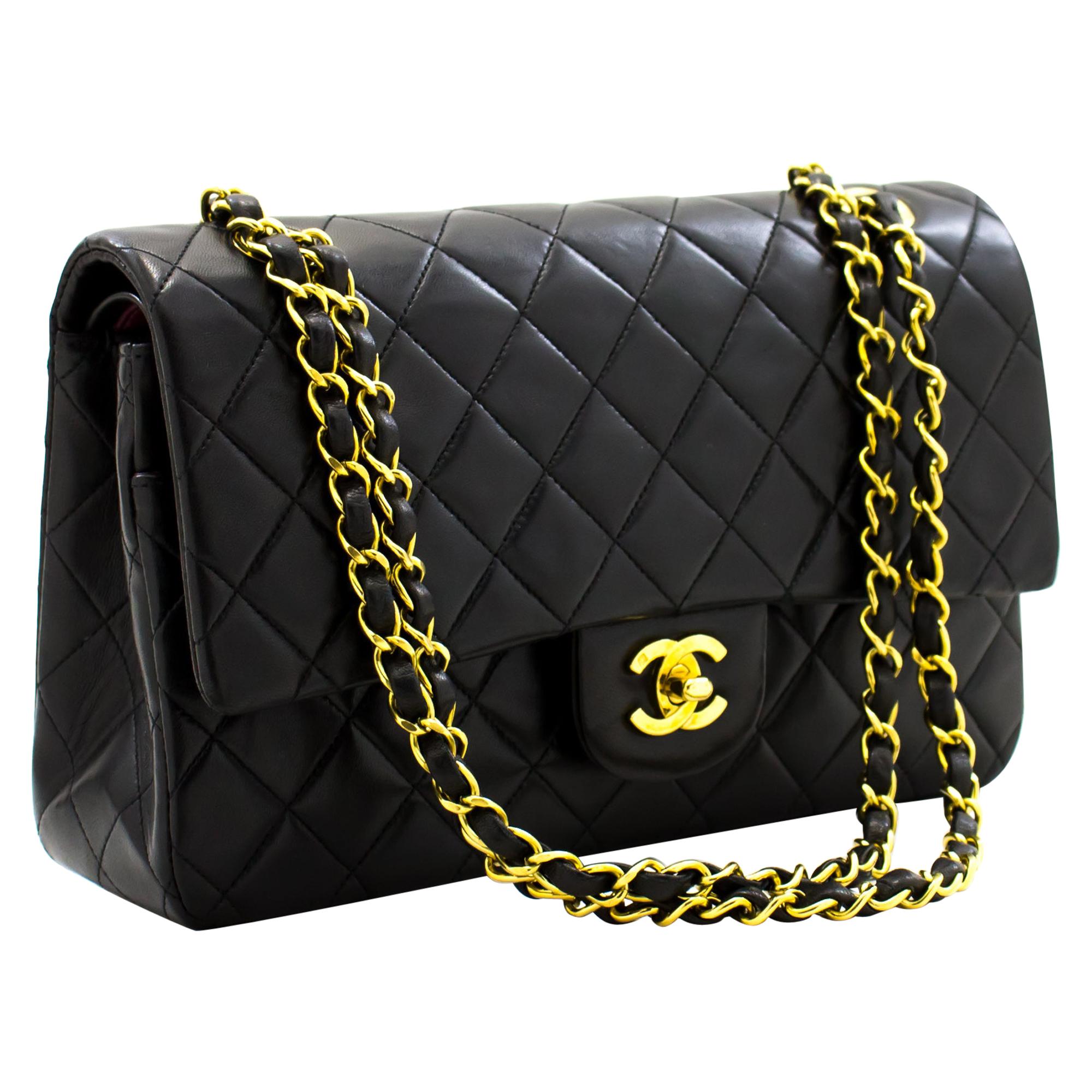 CHANEL 2.55 Double Flap 10" Chain Shoulder Bag Lambskin Black