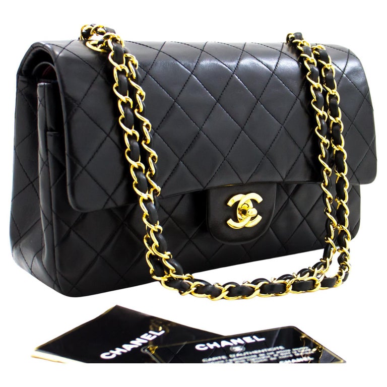 CHANEL 2.55 Double Flap 10" Chain Shoulder Lambskin Black Gold For Sale at 1stDibs | chanel 2.55 gold chain, chanel flap black with gold chain, chanel black shoulder