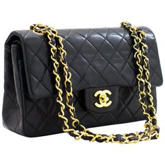 CHANEL 2.55 Double Flap 9" Chain Shoulder Bag Black Purse Lambskin