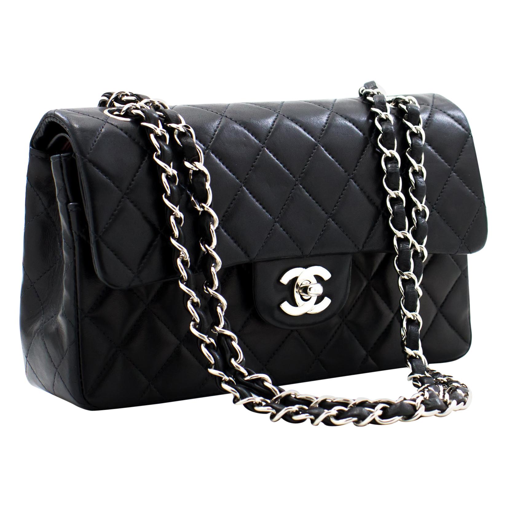 CHANEL 2.55 Double Flap 9 Silver Chain Shoulder Bag Black Lamb