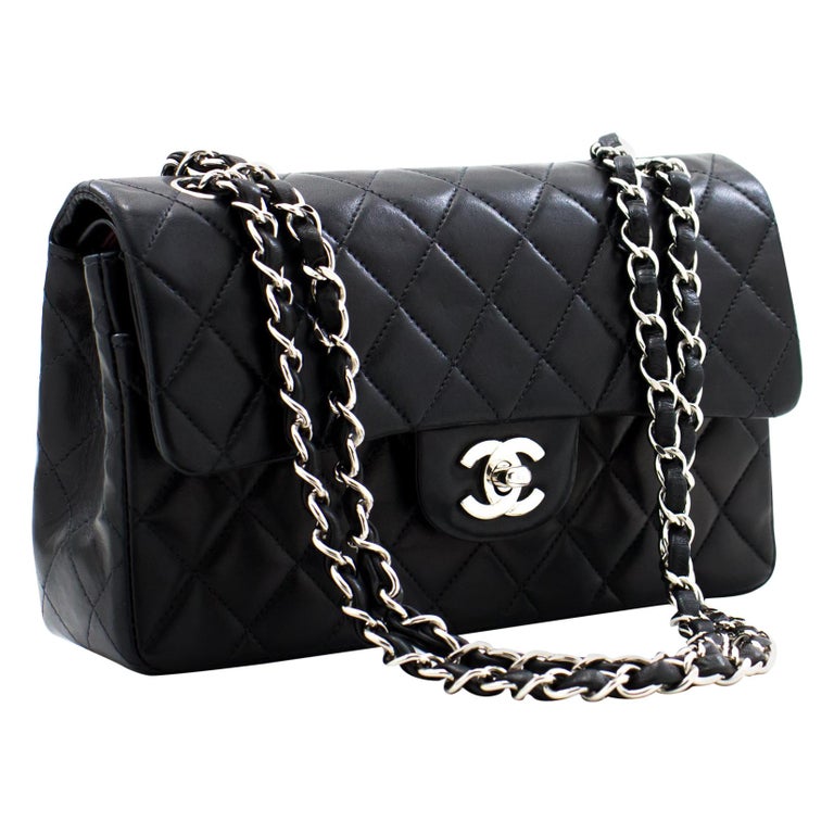 CHANEL 2.55 Double Flap 9" Silver Chain Shoulder Bag Black Lamb For Sale at | black chanel bag, black bag, chanel chain bag