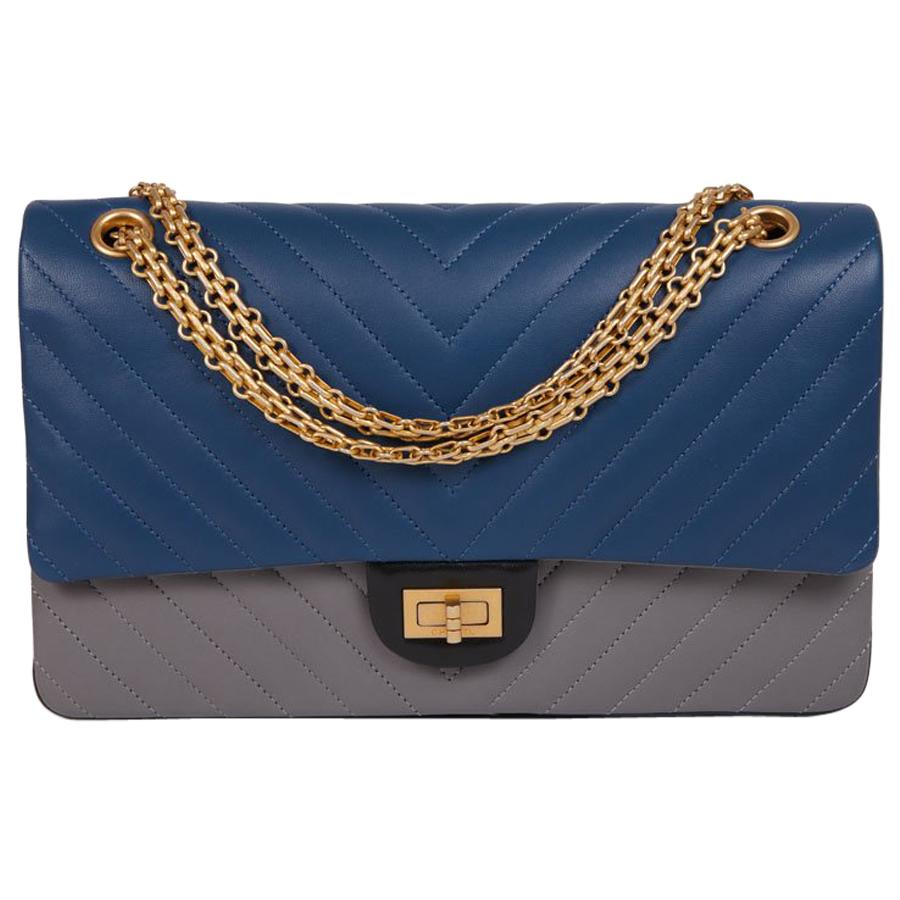 CHANEL 2.55 Double Flap Chevron Bag in Tricolor Blue, Gray and Black Leather