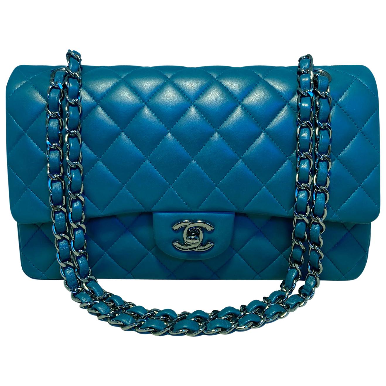 Chanel 2.55 Double Flap Classic Teal Leather Shoulder Bag at 1stDibs