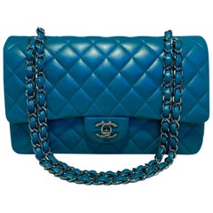 Chanel 2.55 Double Flap Classic Teal Leather Shoulder Bag at