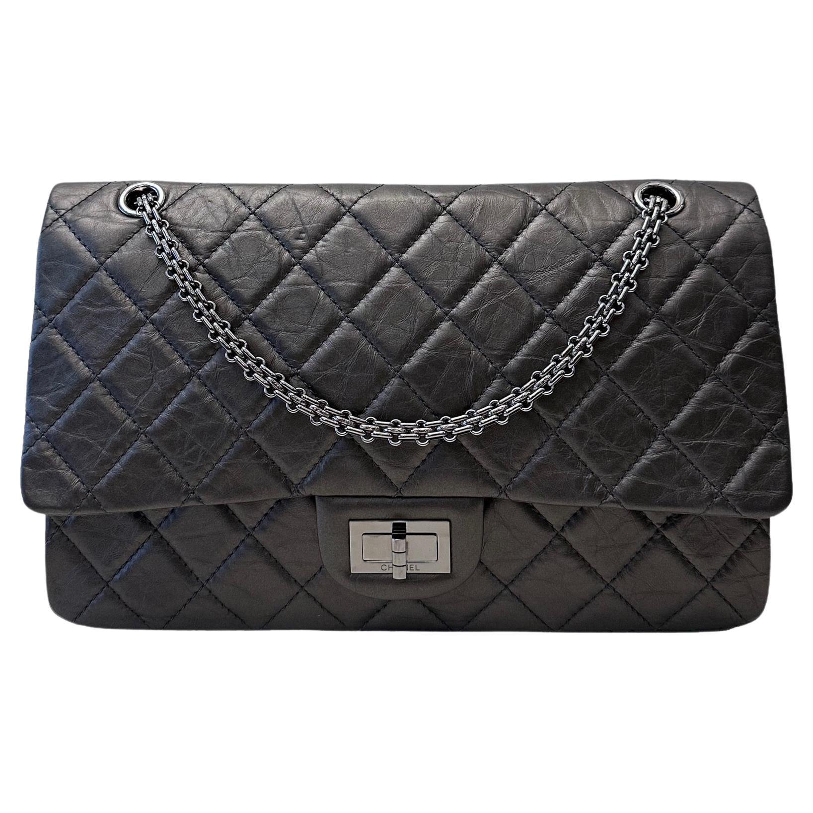 Chanel 2.55 Double Flap Grey Aged Calfskin Maxi Bag For Sale
