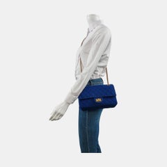Chanel 2.55 Double Flap Medium Royal Blue Fabric Gold Chain Strap