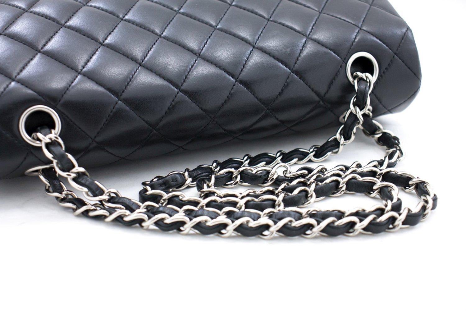 CHANEL 2.55 Double Flap Medium Silver Chain Shoulder Bag Black 9