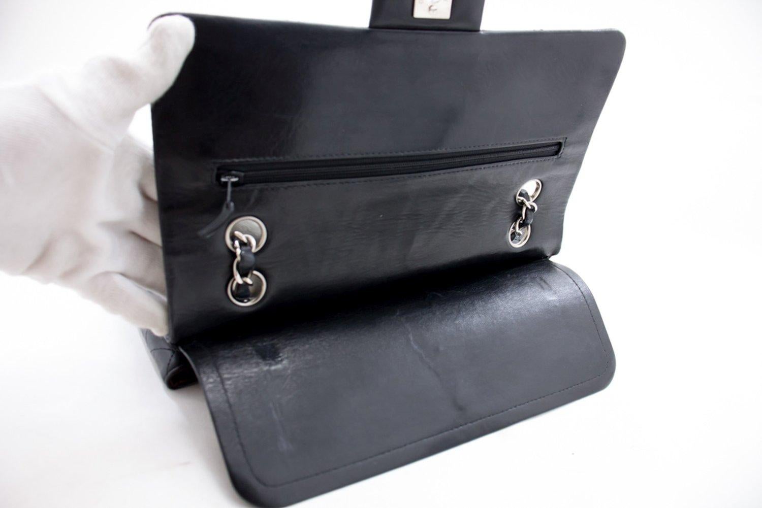 CHANEL 2.55 Double Flap Medium Silver Chain Shoulder Bag Black 12