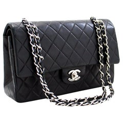 CHANEL 2.55 Double Flap Medium Silver Chain Shoulder Bag Black