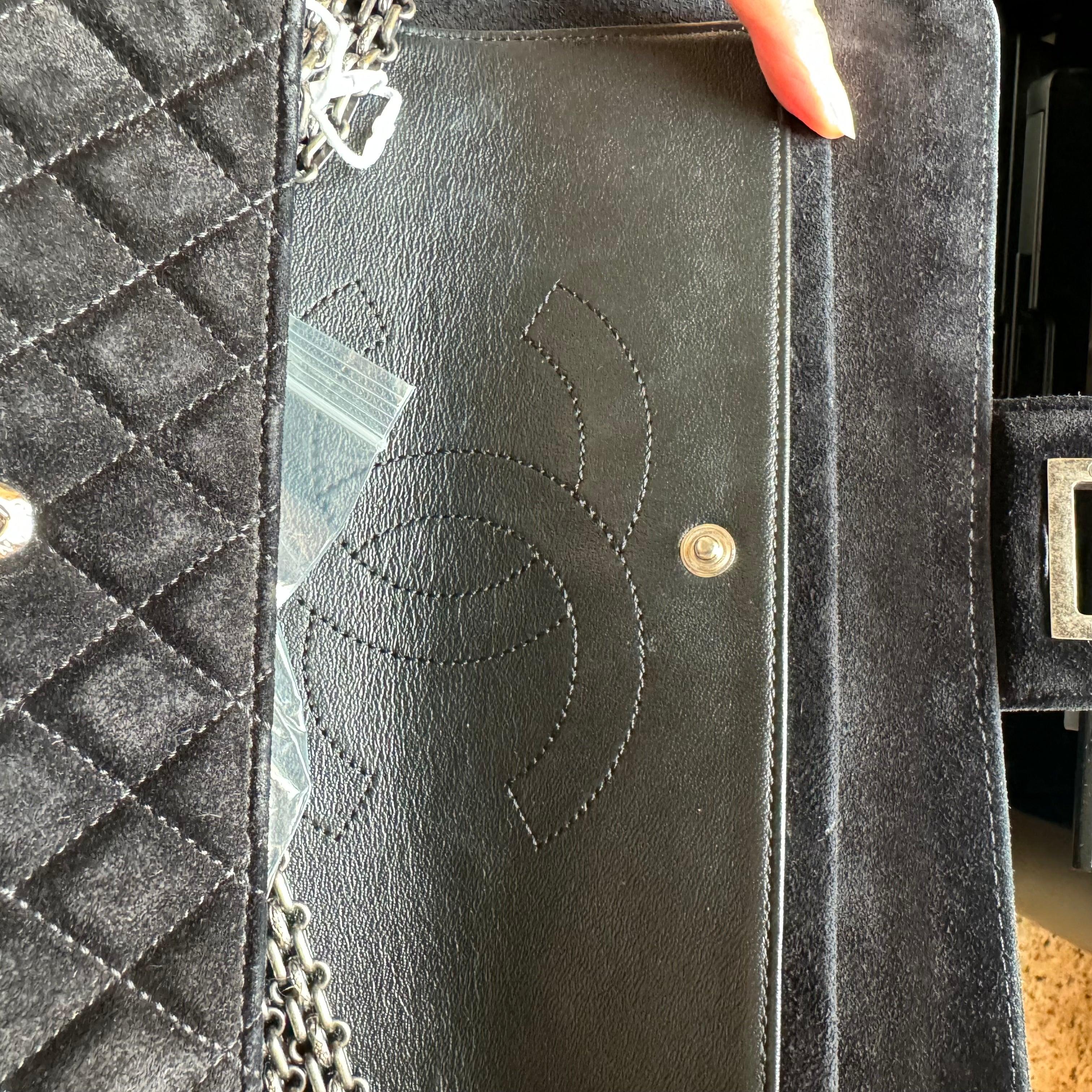 Chanel 2.55 Double Flap Medium Suede Leather Navy Silver HW, 2016 For Sale 12