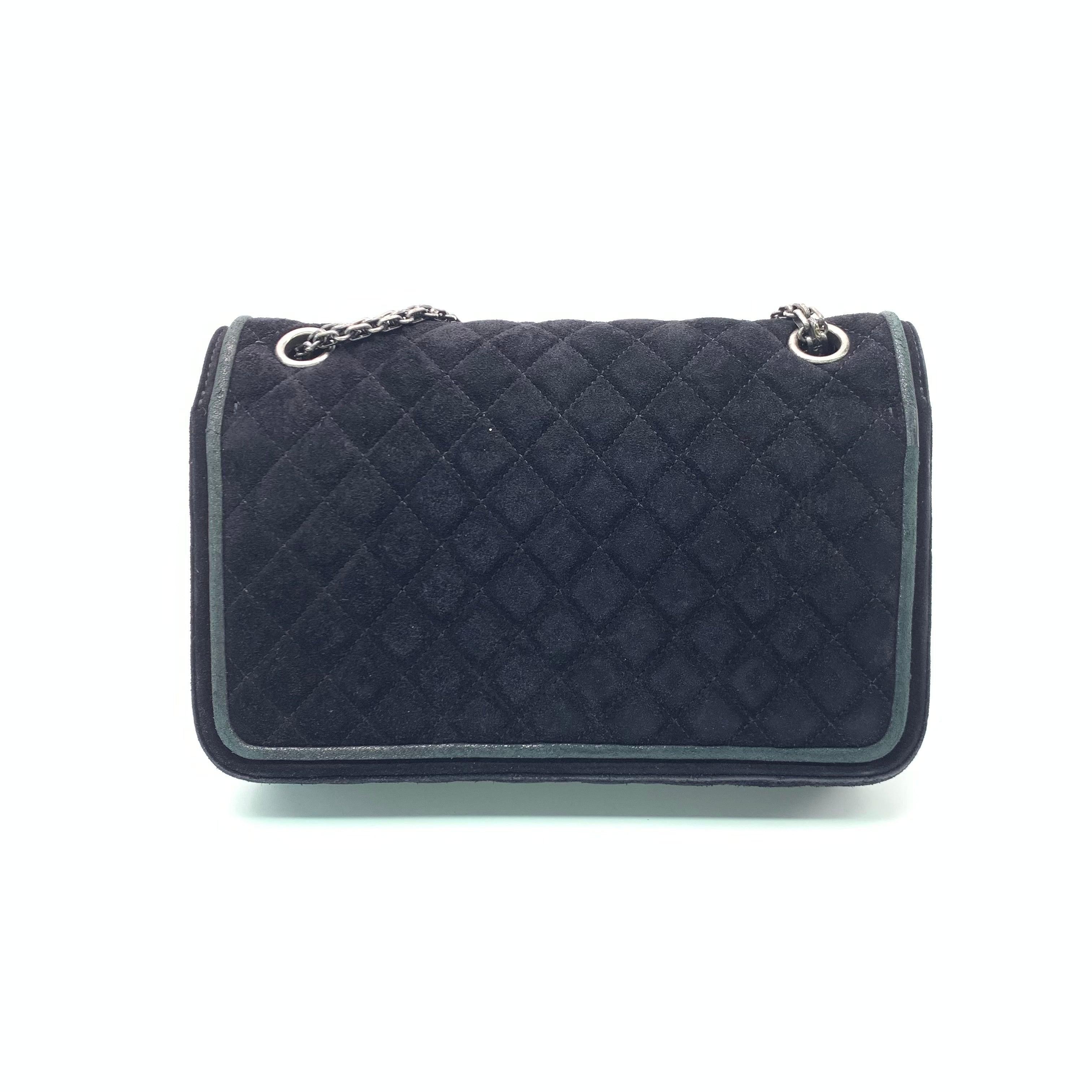 Black Chanel 2.55 Double Flap Medium Suede Leather Navy Silver HW, 2016 For Sale