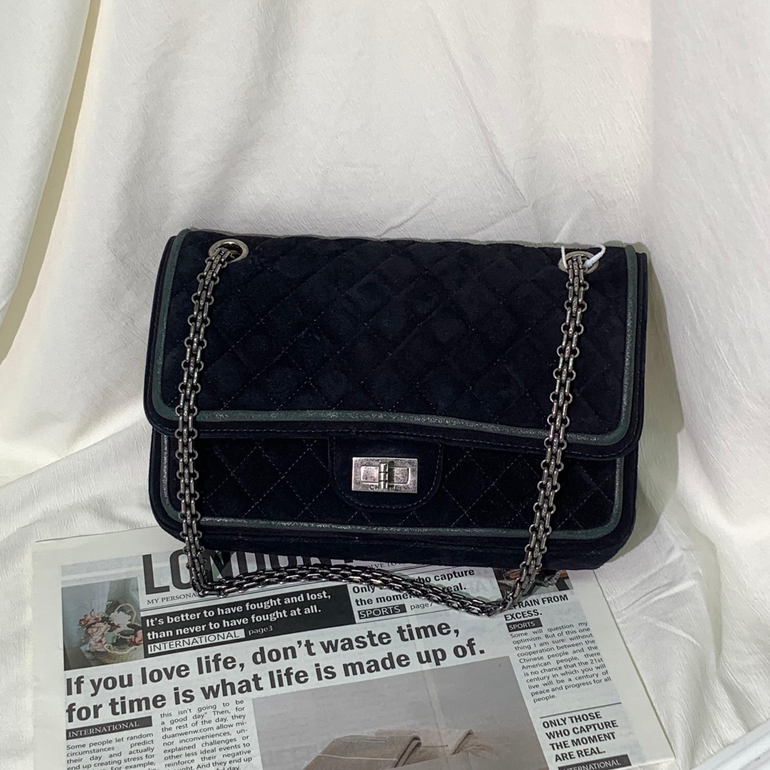 Chanel 2.55 Double Flap Medium Suede Leather Navy Silver HW, 2016 For Sale 1
