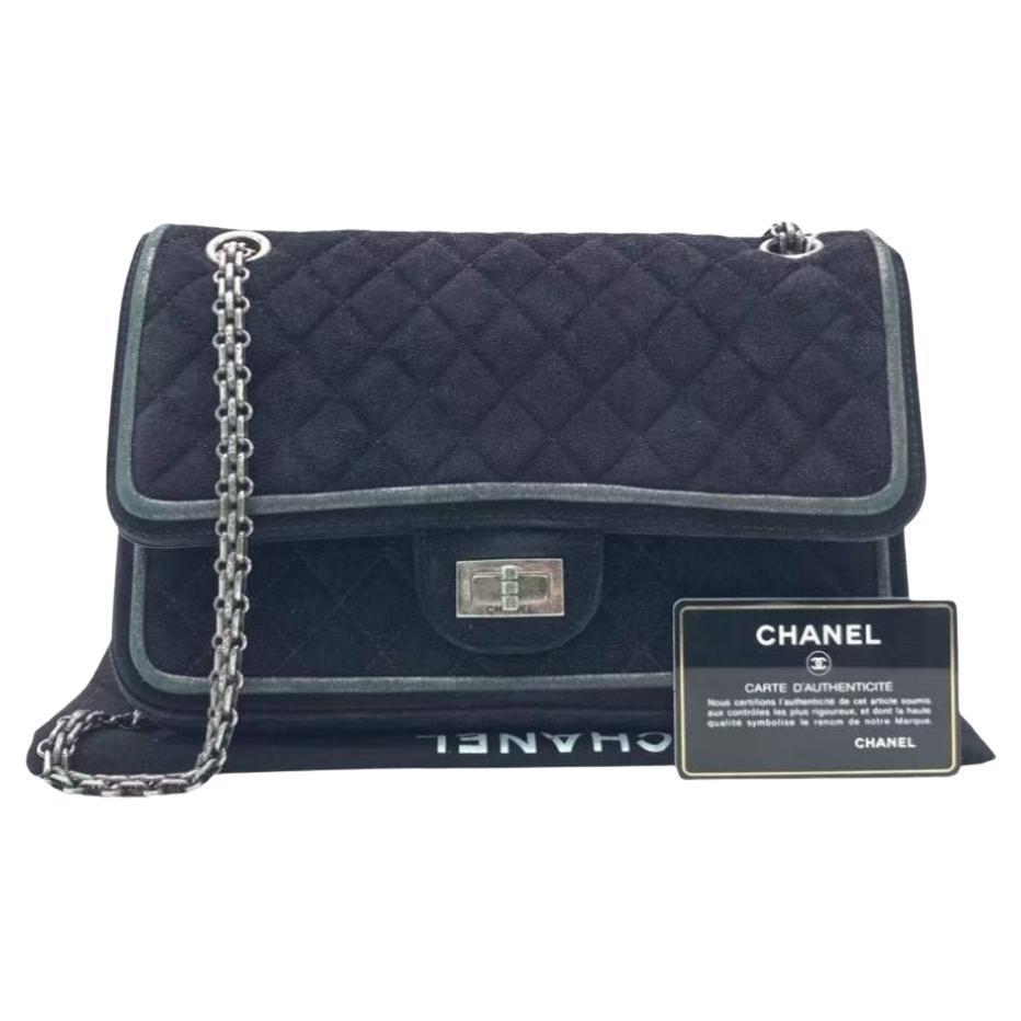 Chanel 2.55 Double Flap Medium Suede Leather Navy Silver HW, 2016 For Sale