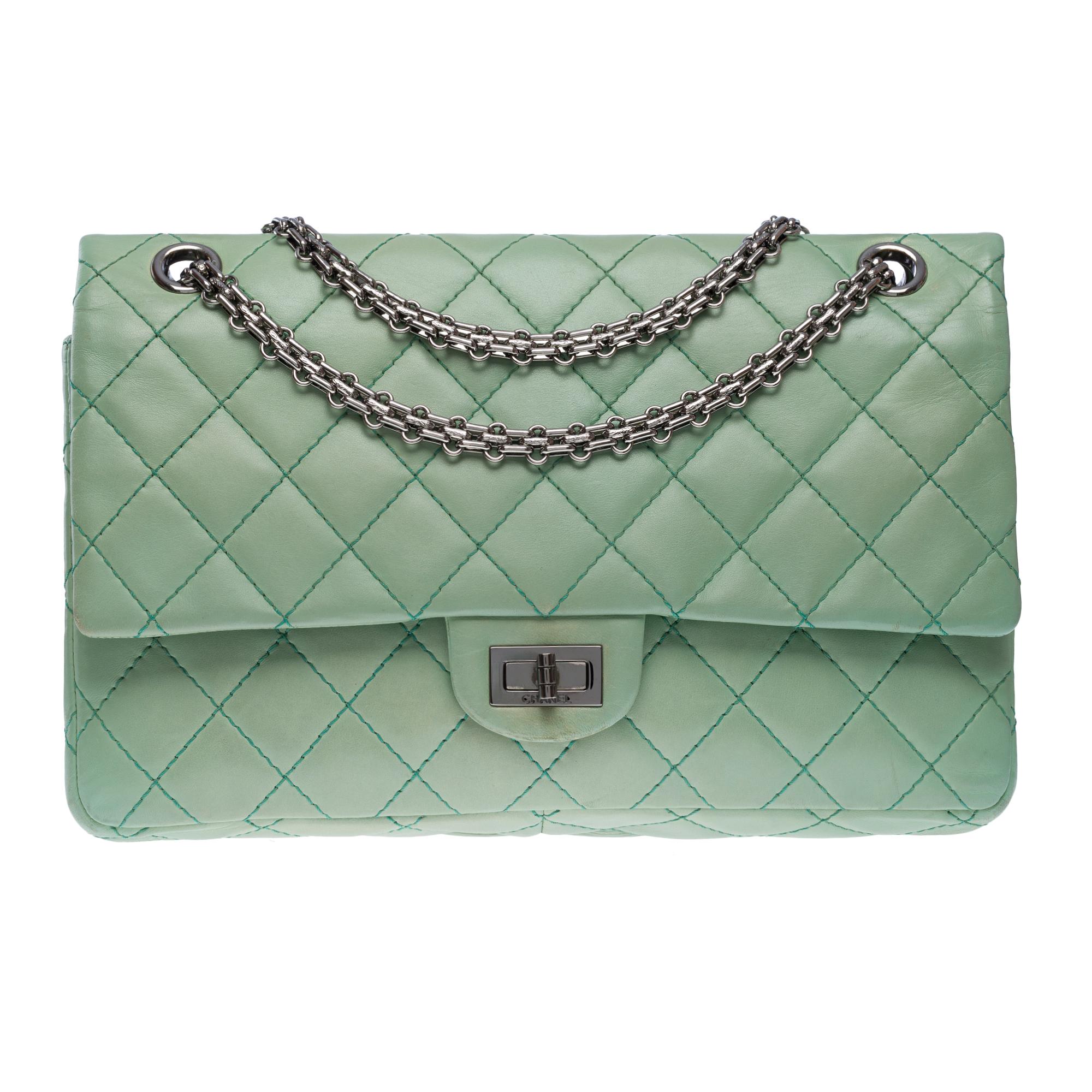 Lovely​ ​Chanel​ ​Classic​ ​2.55​ ​double​ ​flap​ ​shoulder​ ​bag​ ​in​ ​quilted​ ​green​ ​lambskin​ ​leather,​ ​silver-tone​ ​metal​ ​hardware,​ ​a​ ​silver-tone​ ​Mademoiselle​ ​chain​ ​handle​ ​for​ ​hand,​ ​shoulder,​ ​or​ ​crossbody​