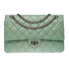 Chanel 2.55 double flap shoulder bag in Green quilted lambskin leather, PHW