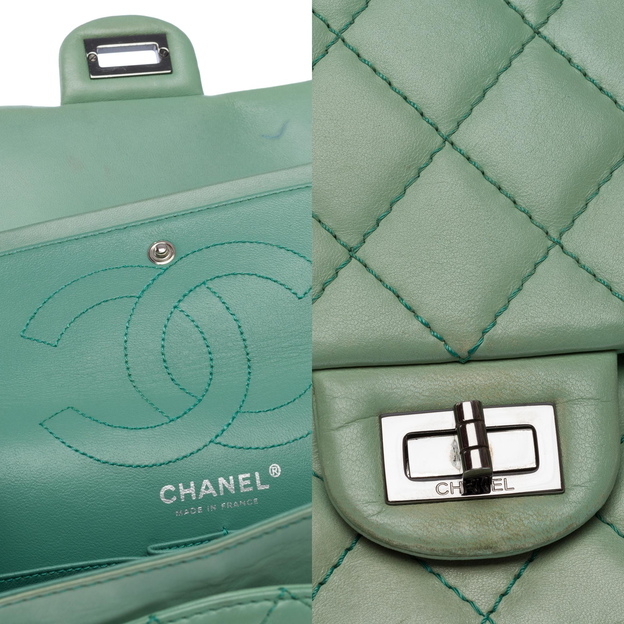 Chanel 2.55 double flap shoulder bag in Green quilted lambskin leather, PHW For Sale 1