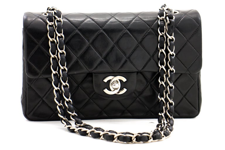 CHANEL 2.55 Double Flap Small Silver Chain Shoulder Bag Black Lamb For Sale  at 1stDibs  chanel 2.55 silver chain, small black chanel bag with silver  chain, chanel bag silver chain