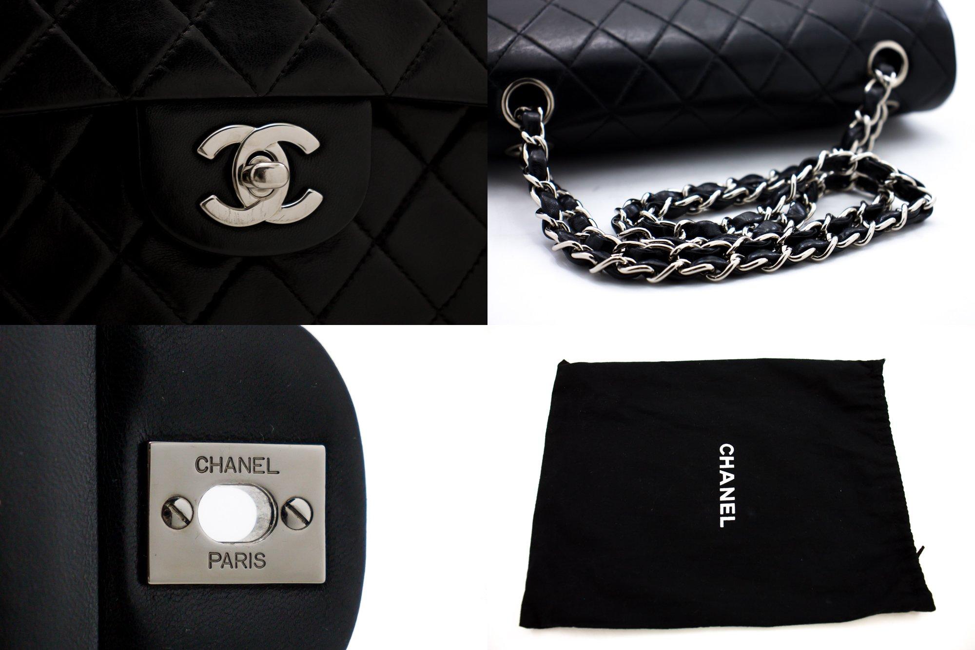 Women's CHANEL 2.55 Double Flap Small Silver Chain Shoulder Bag Black Lamb