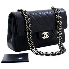 CHANEL 2.55 Double Flap Small Silver Chain Shoulder Bag Black Lamb