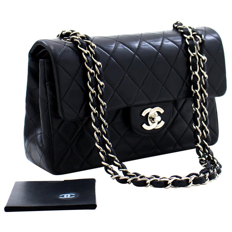 CHANEL 2.55 Double Flap Small Silver Chain Shoulder Bag Black Lamb For Sale  at 1stDibs  chanel 2.55 silver chain, small black chanel bag with silver  chain, chanel bag silver chain