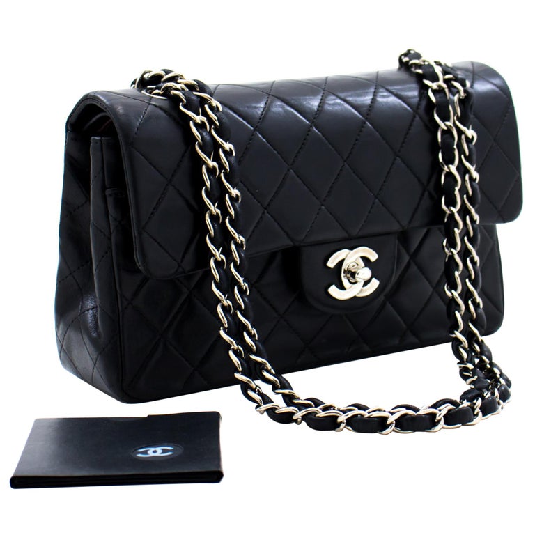 CHANEL 2.55 Double Flap 9 Silver Chain Shoulder Bag Black Lamb