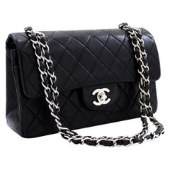 CHANEL 2.55 Double Flap Small Silver Chain Shoulder Bag Black Lamb