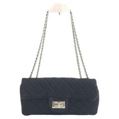Chanel 2.55 East West Black Fabric Flap Bag with Silver Chain Shoulder Bag