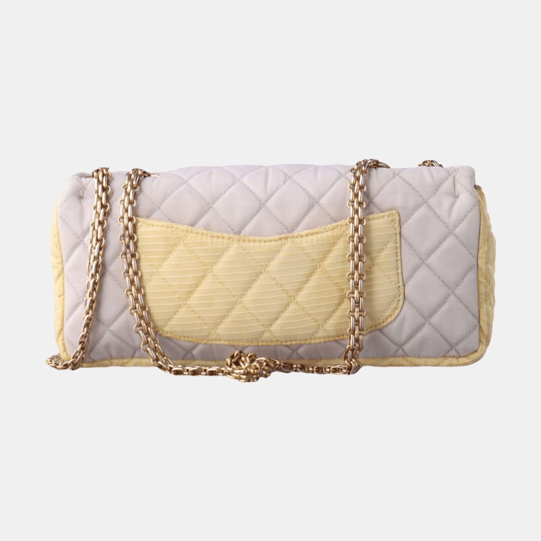 Women's Chanel 2.55 East West Tricolor Fabric Flap Bag with Gold Chain