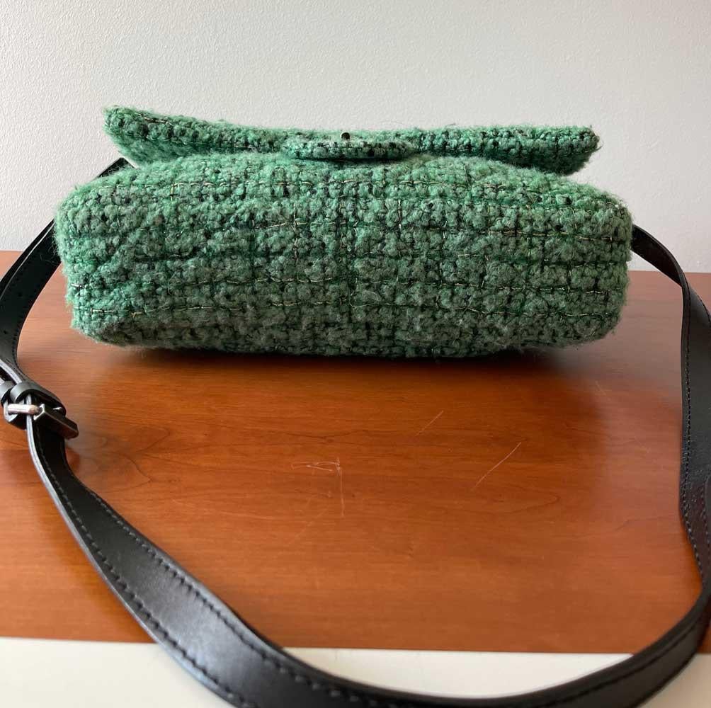 Black CHANEL 255 Flap Bag in Green Tweed For Sale