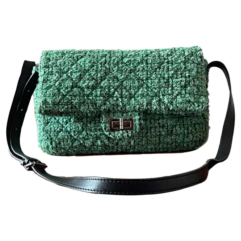 CHANEL 255 Flap Bag in Green Tweed For Sale