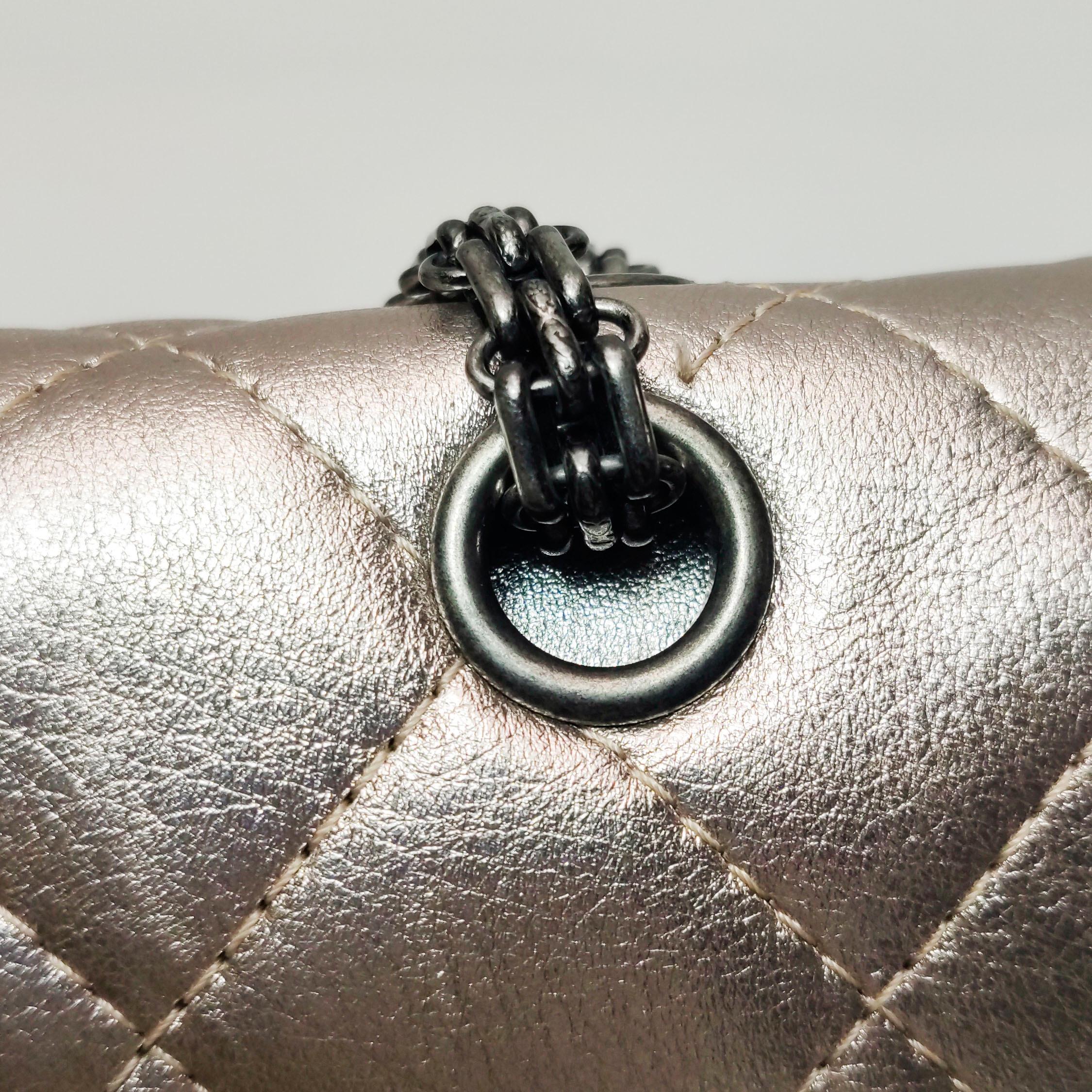 Chanel 2.55 Flap Bag Maxi Rose Gold Iridescent Lambskin Leather Silver Hardware For Sale 9
