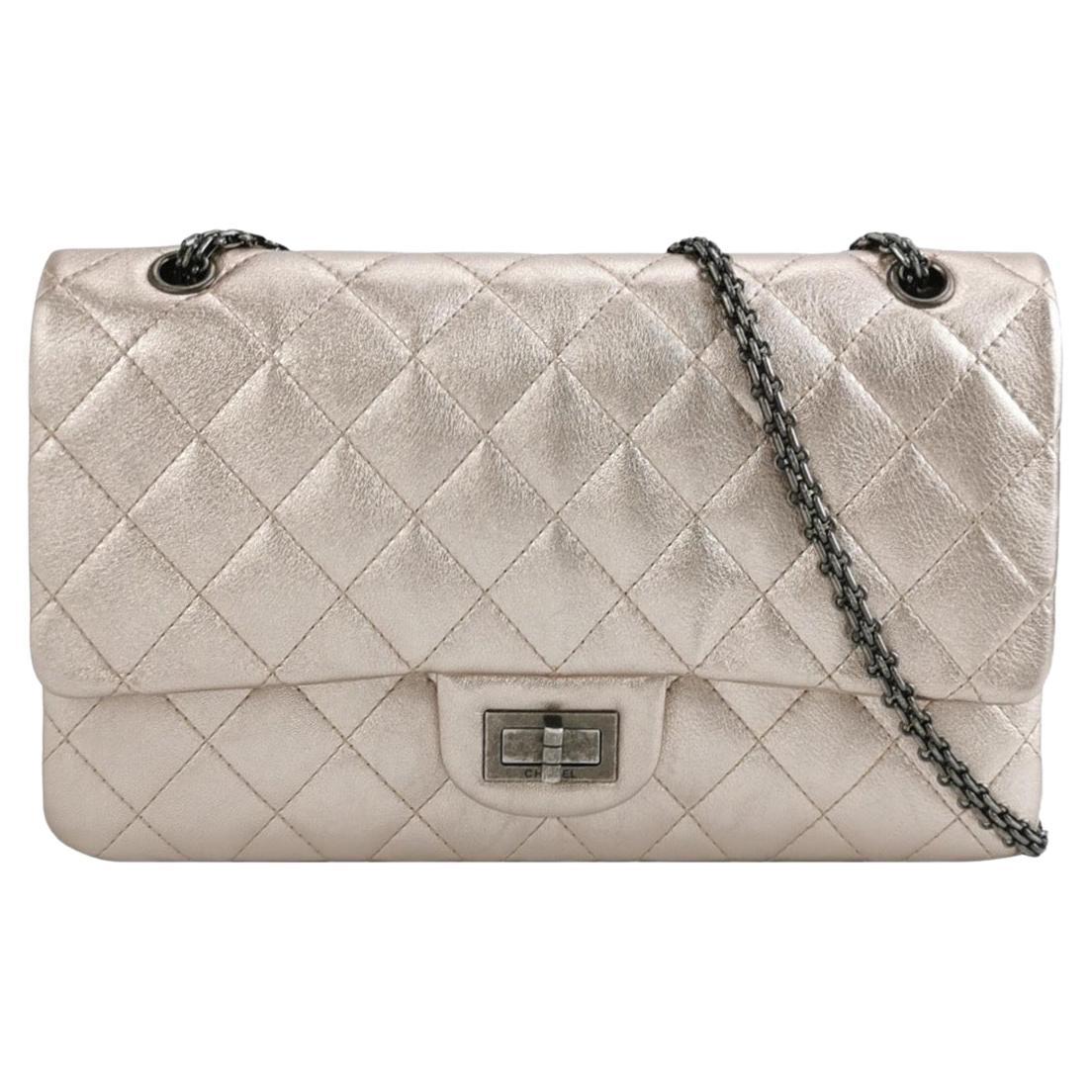Chanel 2.55 Flap Bag Maxi Rose Gold Iridescent Lambskin Leather Silver Hardware For Sale