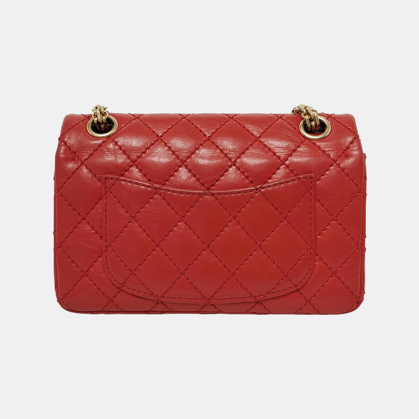 Women's Chanel 2.55 Flap Bag Mini Red Lambskin Leather Gold-tone Hardware