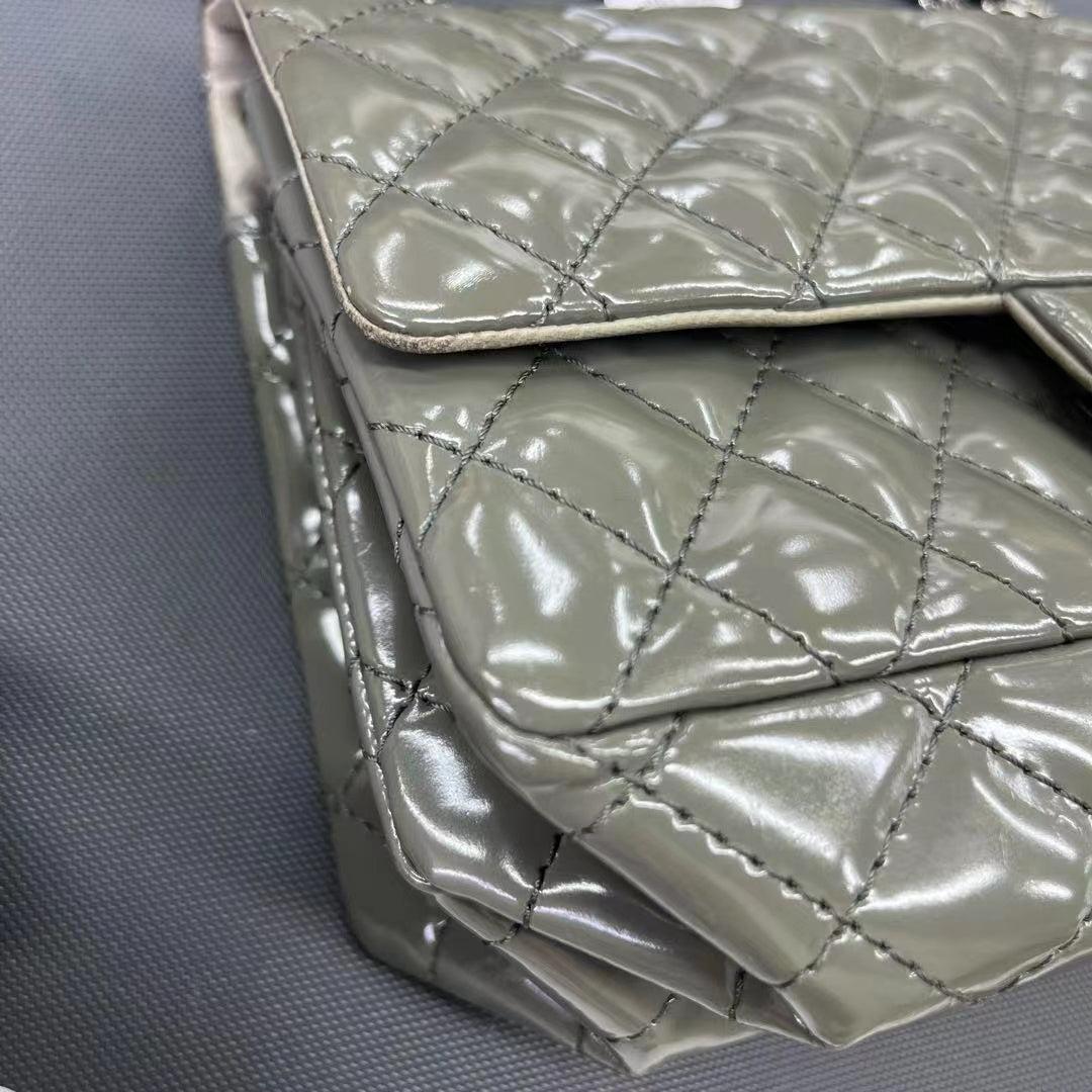 Chanel 2.55 Flap Bag Patent Leather Double Bottom Small Grey For Sale 5