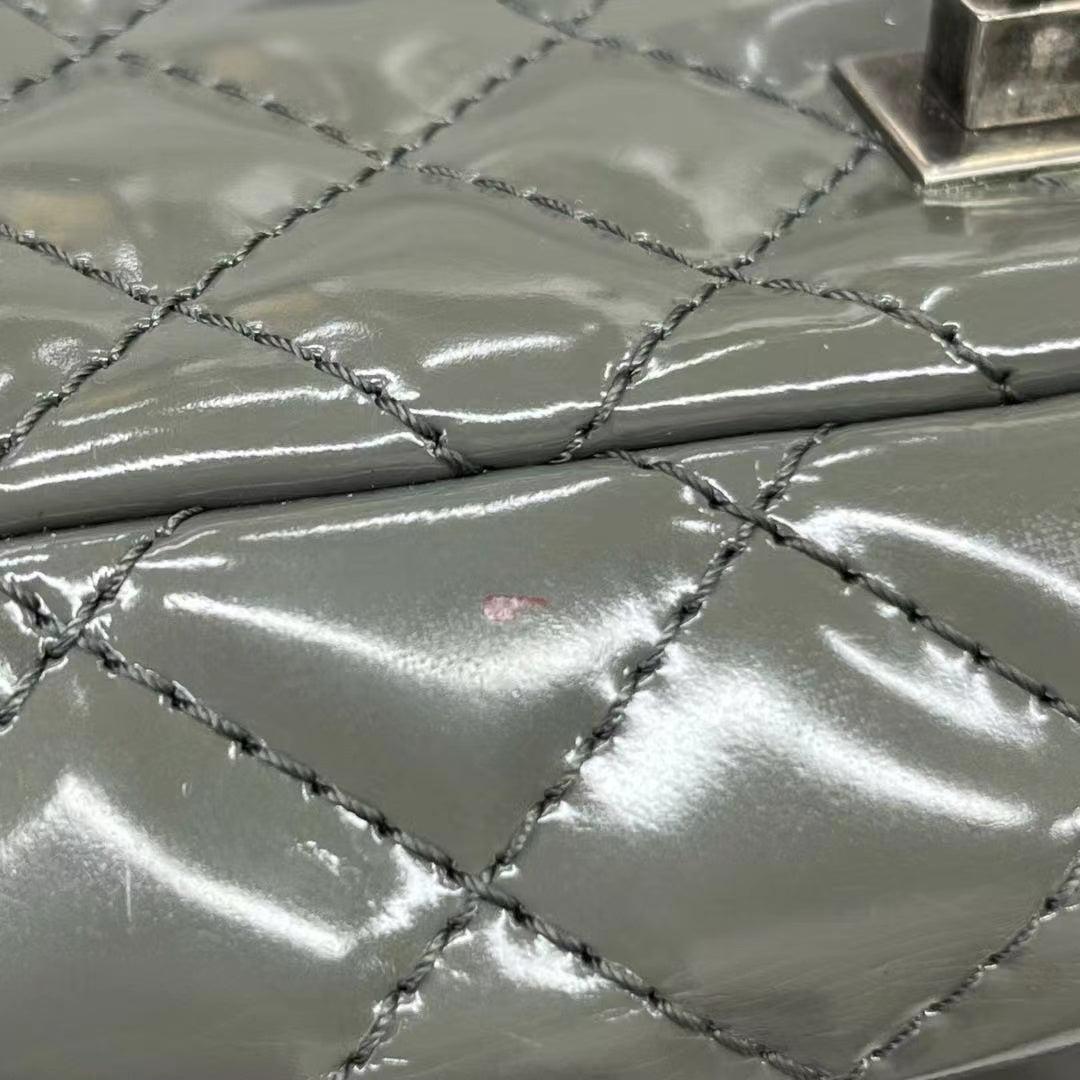 Chanel 2.55 Flap Bag Patent Leather Double Bottom Small Grey For Sale 7