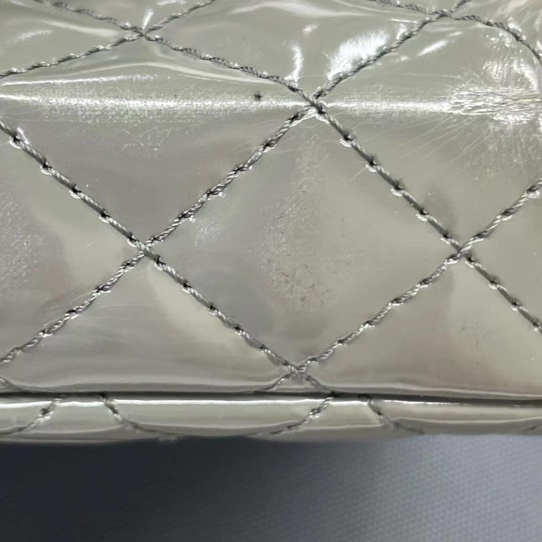 Chanel 2.55 Flap Bag Patent Leather Double Bottom Small Grey For Sale 9
