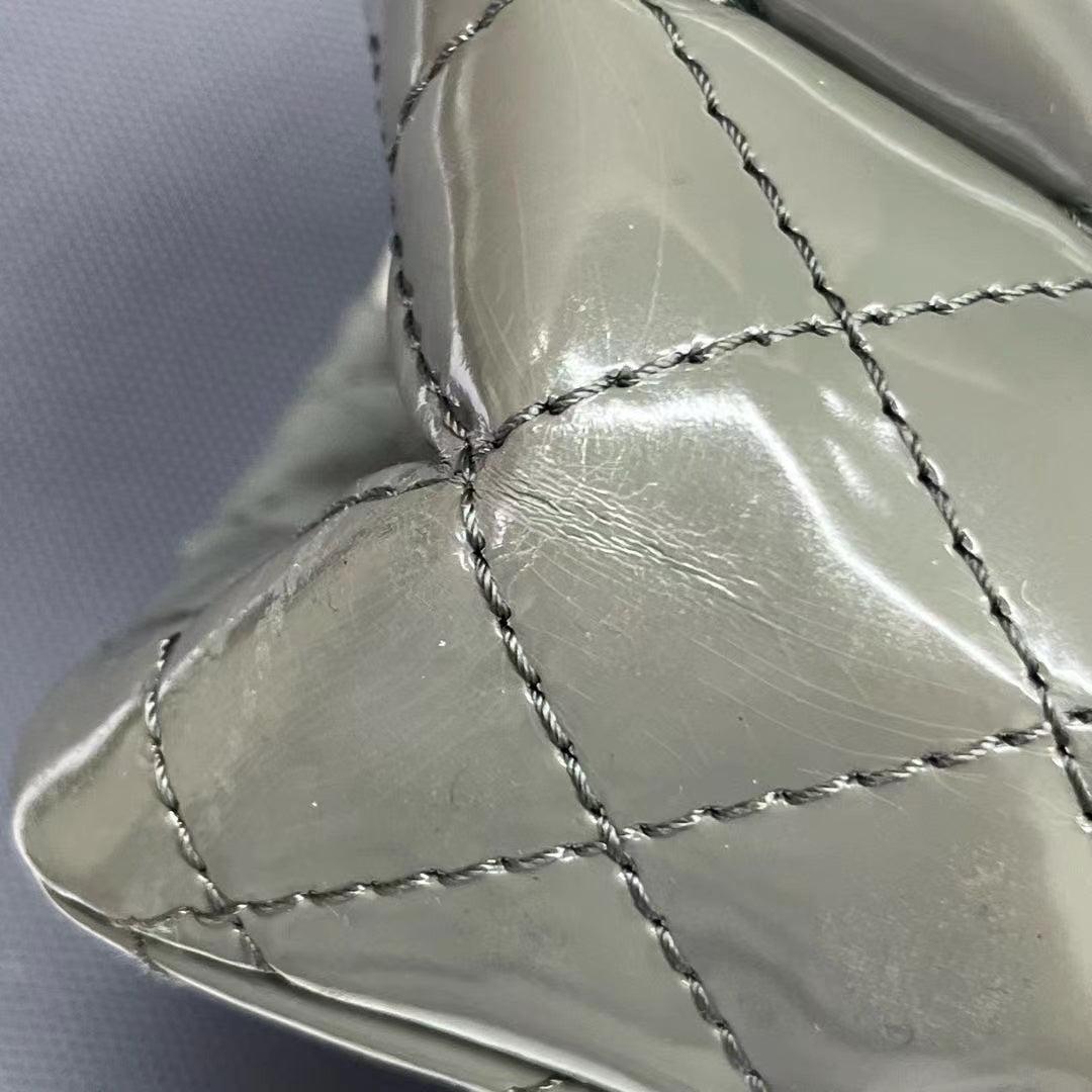Chanel 2.55 Flap Bag Patent Leather Double Bottom Small Grey For Sale 10
