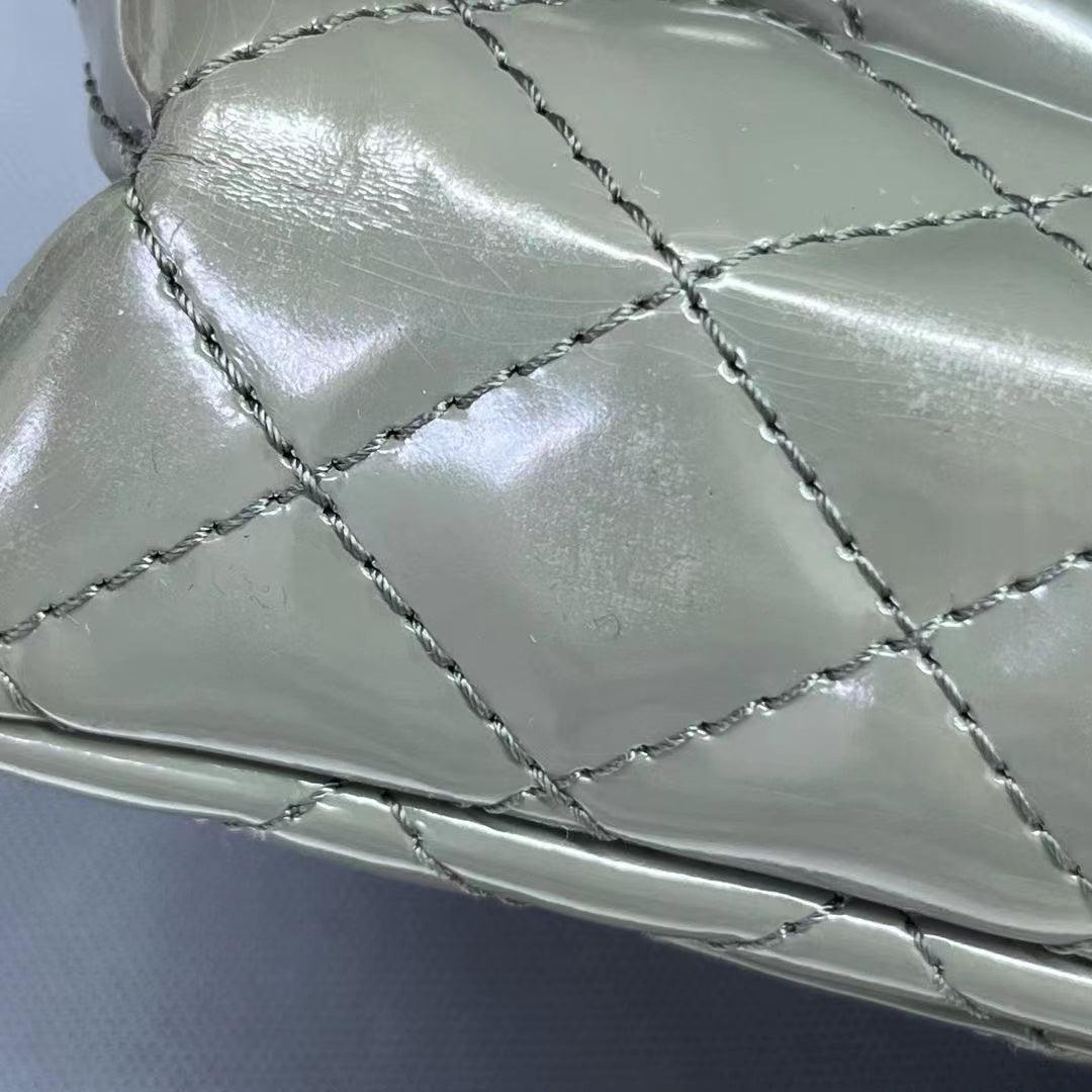 Chanel 2.55 Flap Bag Patent Leather Double Bottom Small Grey For Sale 11